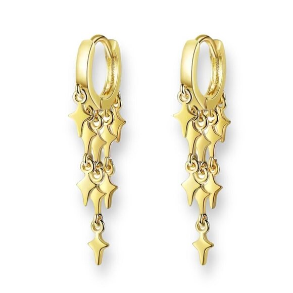 NWT Dangle Earrings Huggie Hoop Star Fringe Tassel 14K Gold Plated - Picture 8 of 10